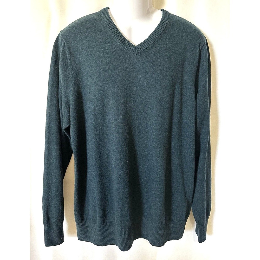 Eddie Bauer Sweater Men's Size XL Tall Dark Green V Neck Cotton Cashmere